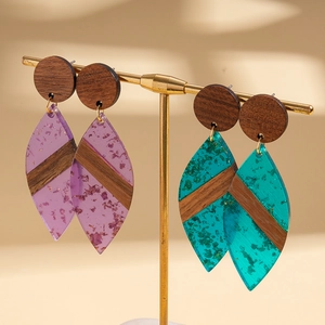 Bohemian geometric wood and resin earrings with gold foil and sterling silver needles