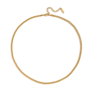 Detail of gold curb chain necklace featuring lobster clasp and adjustable link chain