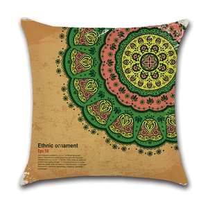 Linen pillow cover featuring colorful ethnic mandala patterns on beige texture background