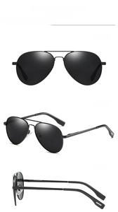 Three perspectives of black aviator sunglasses with metal frames and polarized lenses