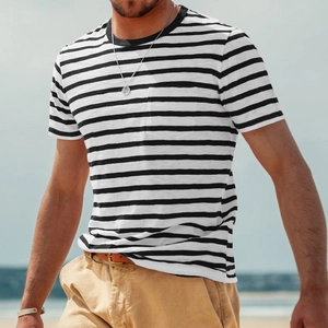 Close-up of black and white striped men's T-shirt with pocket and crew neck detail