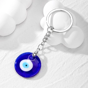 Blue Turkish evil eye glass keychain with a silver alloy chain and round pendant