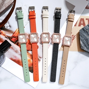 Elegant rectangular quartz watch for women with rose gold diamond bezel and leather strap