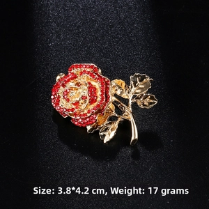 Detail of red rhinestone rose brooch with dimensions 3.8x4.2cm and 17g weight info