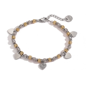 18K gold plated stainless steel heart charm bead bracelet with sparkling rhinestones