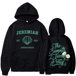 Detail of black hoodie featuring green Jeremiah Cousins Beach and Summer I Turned Pretty print