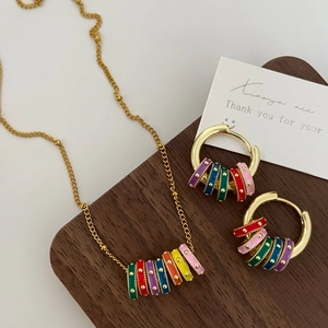 Geometric Colorful Enamel Rainbow Hoop Earrings Gold Plated Copper Ethnic Vintage Retro Style Jewelry For Women