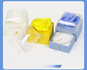 Close-up of three-color rose jewelry drawer boxes with clear acrylic dust covers