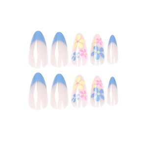 Blue French tip press-on nails with colorful floral patterns in almond shape