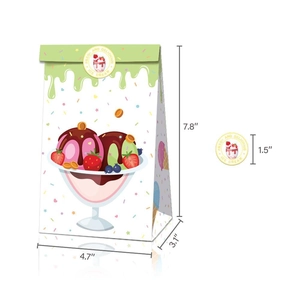 Sacchetti regalo in carta gelato con adesivi, guida taglie 7,8x4,7x3,1 in su fondo bianco