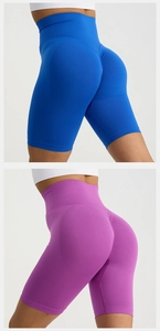 Detail of high waisted seamless yoga shorts with wide ribbed waistband and peach lift seam