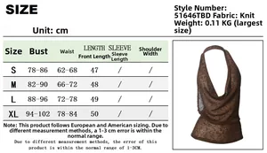 Detailed size chart for deep V neck halter top including bust and waist measurements