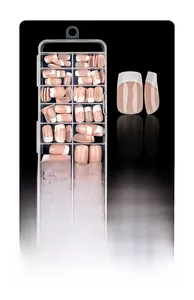Detailed set of 120 French tip press-on nails in pink and white with a storage box