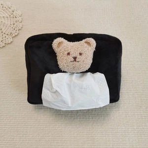 Black velvet car seat tissue holder with 3D teddy bear decoration and headrest strap