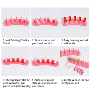 Pink nail art practice stand set with 5 holders for DIY manicure display and training