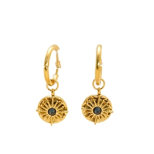 Elegant 18K gold-plated stainless steel earrings with sun compass charm and blue stone