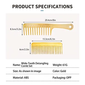 Golden wide-tooth detangling hair comb set with dimensions shown on minimalist background