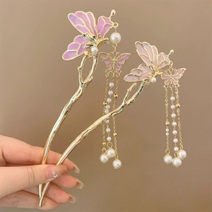 Ancient Chinese Butterfly Hair Stick Long Tassel Alloy Enamel Traditional Hairpin For Women Vintage Elegant Buyao Headwear
