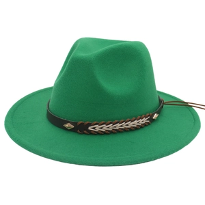 Detail of emerald green wool felt fedora featuring leather band and ethnic woven rope