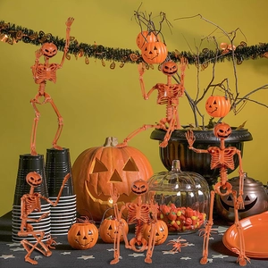 Detailed view of five mini pumpkin-head skeletons in various spooky party poses