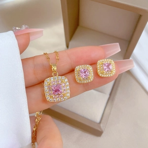 Pink Square Zircon Necklace And Earrings With Silver Earring Post Titanium Steel Copper Gold Plated Luxury Geometric Rhinestone Jewelry