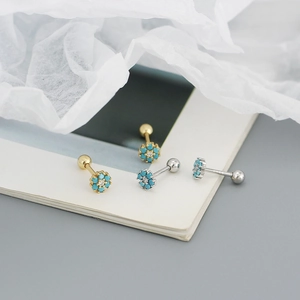 Close-up of S925 silver flower earrings with turquoise petals and screw-back closure