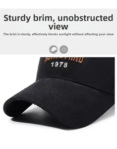 Detail of high-density cotton baseball cap featuring brown 1978 3D letter embroidery