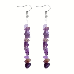 Detailed view of handmade purple amethyst chip drop earrings with silver hooks