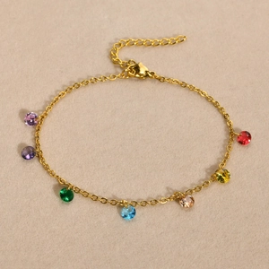 Detail of 18K gold plated chain with multi-color cubic zirconia gemstone charms