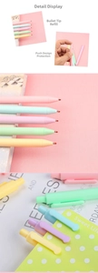Detail of macaron retractable gel pens with bullet tip and matte finish for smooth writing