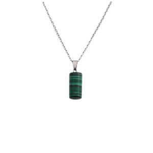 Minimalist silver chain necklace with a cylindrical green malachite stone pendant