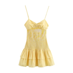 Yellow Gingham Smocked Mini Dress With Spaghetti Straps Bow Front And Tiered Ruffle Hem Summer Backless Sundress For Women