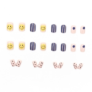 Mix of plaid and smiley face patterns on glossy press-on nails in blue and yellow