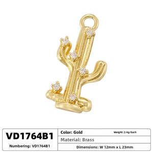 Golden brass cactus pendant with white zircon detail measuring 12mm by 23mm