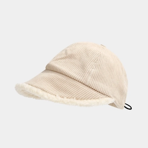 Detail of adjustable strap and corduroy texture on cream winter lamb wool bucket hat