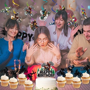 Motocross motorcycle birthday party decoration kit with colorful spirals and cake toppers