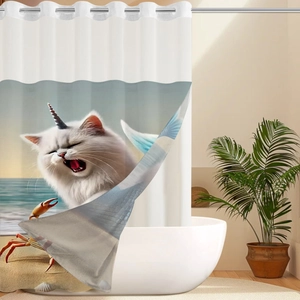 Detail of waffle weave shower curtain featuring a funny cat and crab beach illustration