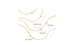 Detail view of gold heart necklace showing chain length 40+5cm and heart charms size 0.3-0.5cm