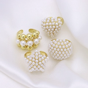 Elegant Imitation Artificial Pearl Open Ring For Women Adjustable Heart Star Shaped Copper 18K Gold Plated Luxury Finger Jewelry