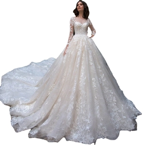 Elegant ivory ball gown wedding dress with floral lace appliques and long train