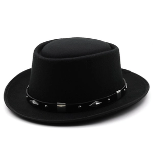 Classic black wool felt bowler hat featuring a leather band with silver metal rivets