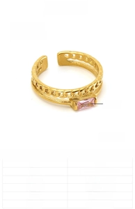 Detail of double-layer stainless steel ring with pink zircon and Cuban link texture