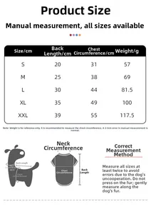 Detailed size chart for waterproof dog raincoat covering back length and chest measurements