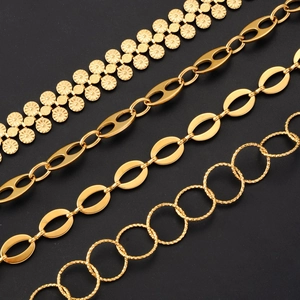 Detail of four golden stainless steel DIY chain styles including floral and oval links