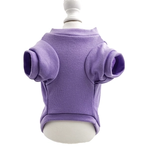 Detailed view of purple knitted pet t-shirt with ribbed cuffs on white dog mannequin