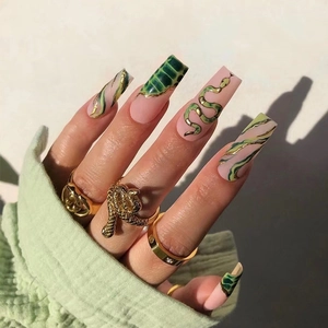 Unghie Finte Lunghe Forma Bara Rosa Opaco Motivo Serpente Verde Decorazione Serpente Dorato Donna DIY Manicure