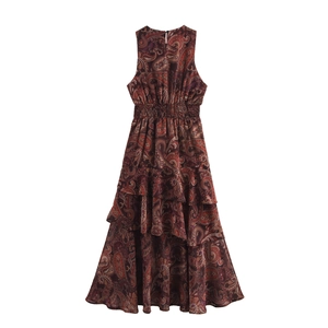 Robe longue sans manches en mousseline à imprimé cachemire vintage avec ourlet à volants