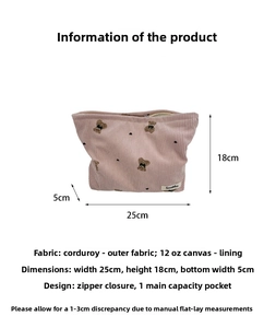 Pink corduroy makeup bag with bear embroidery, featuring 25x18x5cm dimension details