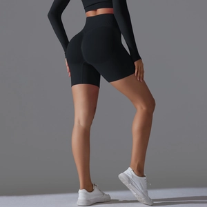 Detail view of seamless high waist scrunch butt gym shorts with push up effect