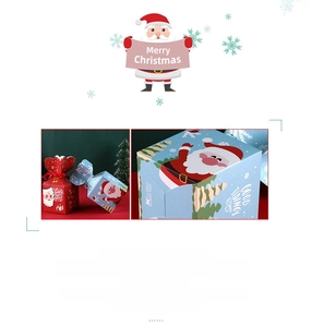 Detailed view of red and blue Christmas gift boxes with Santa illustrations and festive patterns
